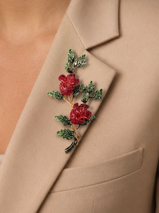Anthropologie Jewelry - Red Crystal Rose Brooch | Floral Rhinestone Statement Pin